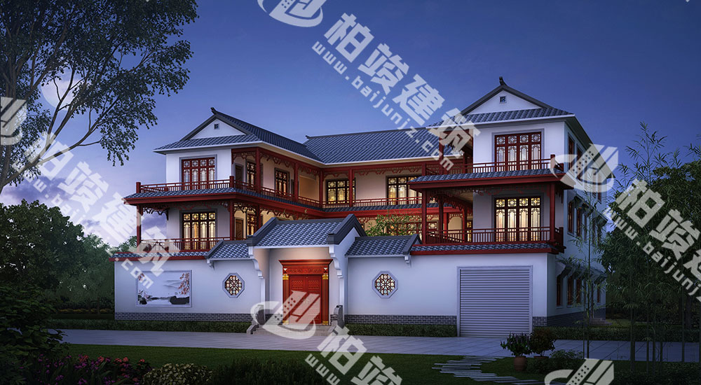 一進三層新古典風格四合院設計圖，13室7廳12衛，帶電梯、車庫