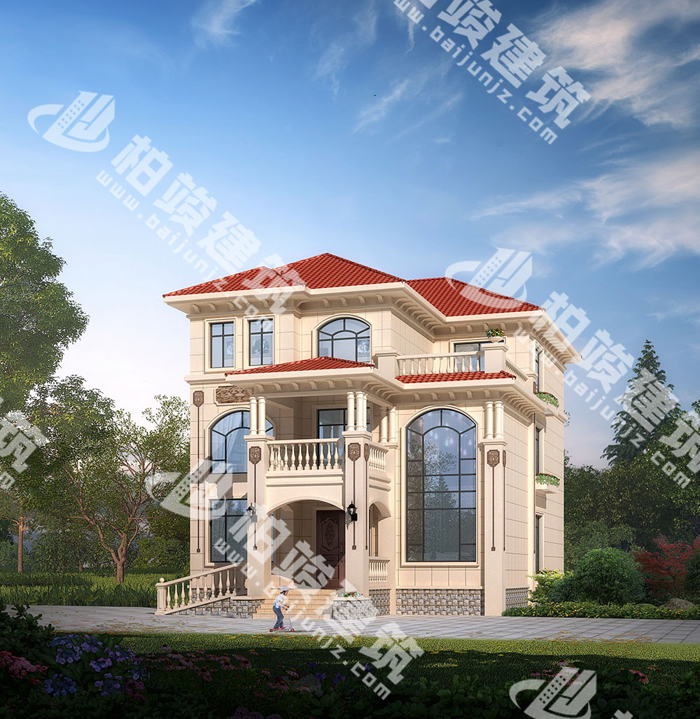 農村三層別墅設計圖紙，簡歐風格，帶雙層落地窗、輪椅坡道