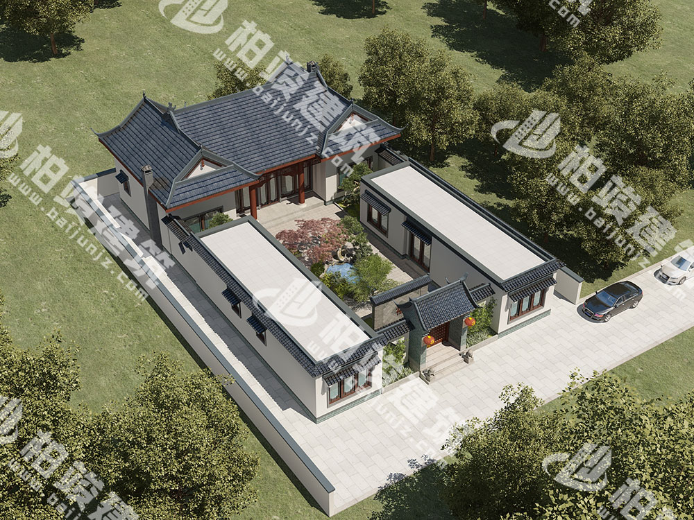 農村自建四合院設計圖，中式庭院帶池，五臥室設計