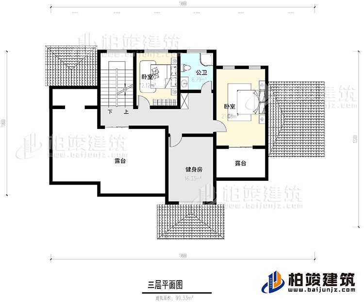 三層：2臥室，公衛，健身房，2露臺。