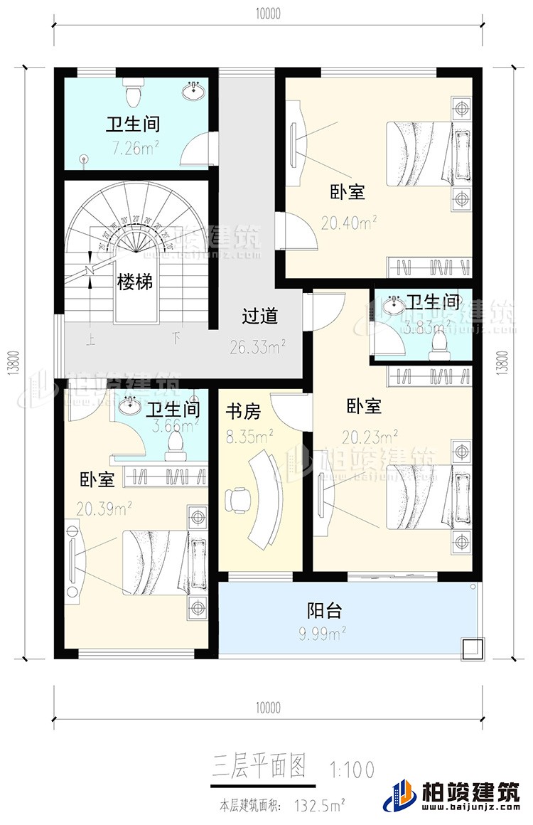 三層：3臥室，2內衛，公衛，樓梯，書房，陽臺