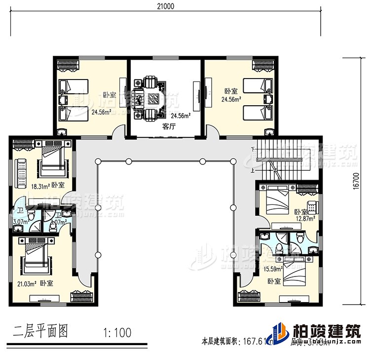 二層：6臥室，4衛生間，客廳