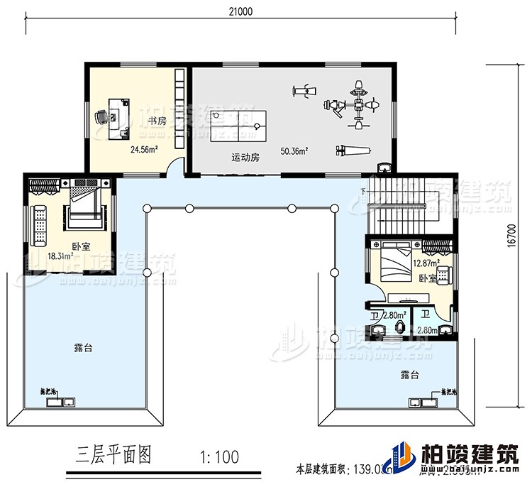 三層：書房，運動房，2臥室，2衛生間，露臺