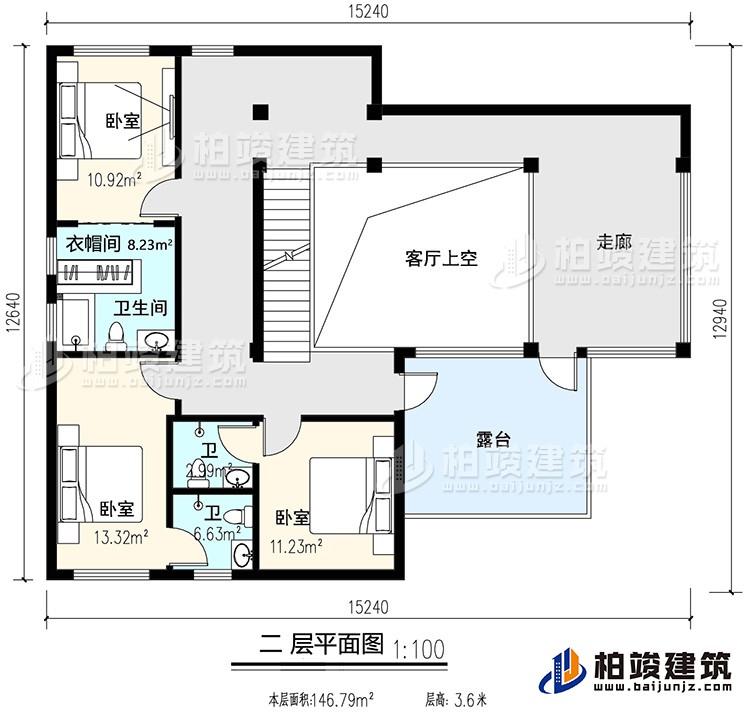 二層：3臥室，內(nèi)衛(wèi)，公衛(wèi)，起居室，樓梯，陽臺(tái)，露臺(tái)，書房