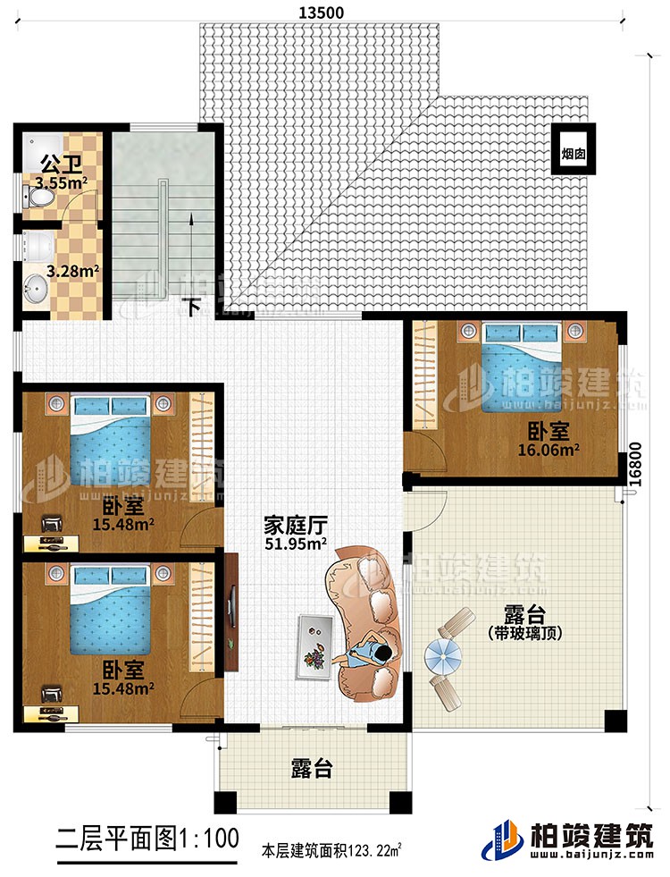 二層：3臥室，家庭廳，2露臺，公衛(wèi)。