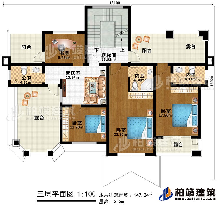 三層：3臥室、2內(nèi)衛(wèi)、公衛(wèi)、書房、樓梯間、2陽臺(tái)、3露臺(tái)、起居室