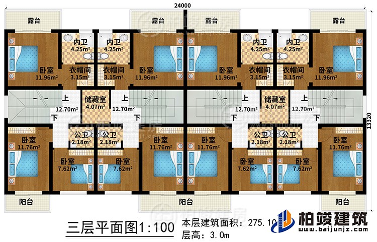 三層：12臥室、4公衛(wèi)、4內(nèi)衛(wèi)、2儲藏室、4衣帽間、3陽臺、4露臺