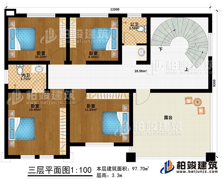 三層：4臥室、公衛、內衛、露臺