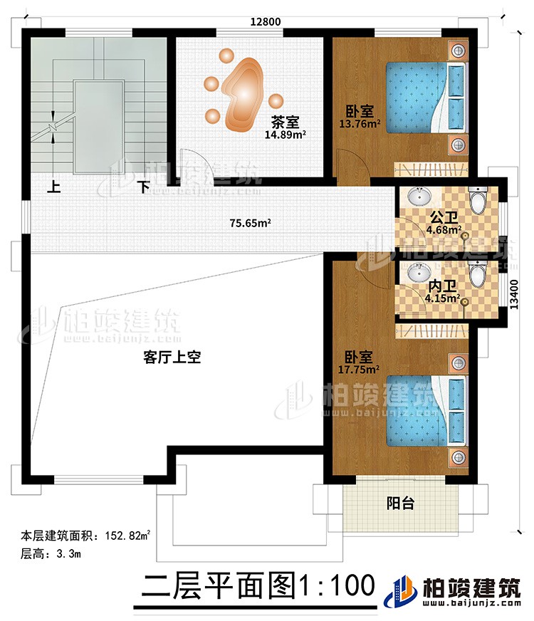 二層：2臥室，茶室，2衛(wèi)生間，陽(yáng)臺(tái)