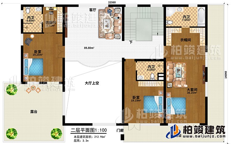 二層：客廳，大套間帶內衛和衣帽間，單間帶內衛，中套間帶內衛和衣帽間，2露臺，樓梯