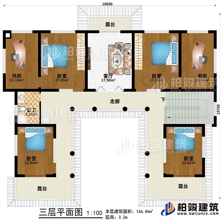 三層：走廊、3臥室、2書房、客廳、3露臺、公衛