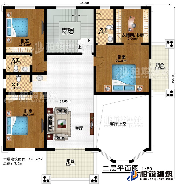 二層：客廳、樓梯間、客廳上空、3臥室、2內(nèi)衛(wèi)、公衛(wèi)、衣帽間/書房、2陽臺
