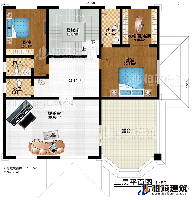 三層：樓梯間、娛樂室、2臥室、衣帽間/書房、2內(nèi)衛(wèi)、公衛(wèi)、露臺