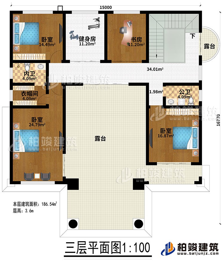三層：3臥室、健身房、衣帽間、內(nèi)衛(wèi)、公衛(wèi)、健身房、書房、2露臺