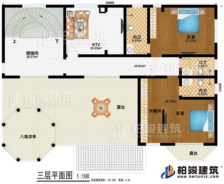 三層：樓梯間、KTV、2臥室、衣帽間、2內衛、公衛、2露臺、八角涼亭