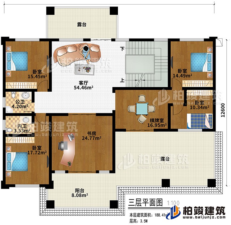 三層：客廳、4臥室、書房、棋牌室、內(nèi)衛(wèi)、公衛(wèi)、陽(yáng)臺(tái)、2露臺(tái)