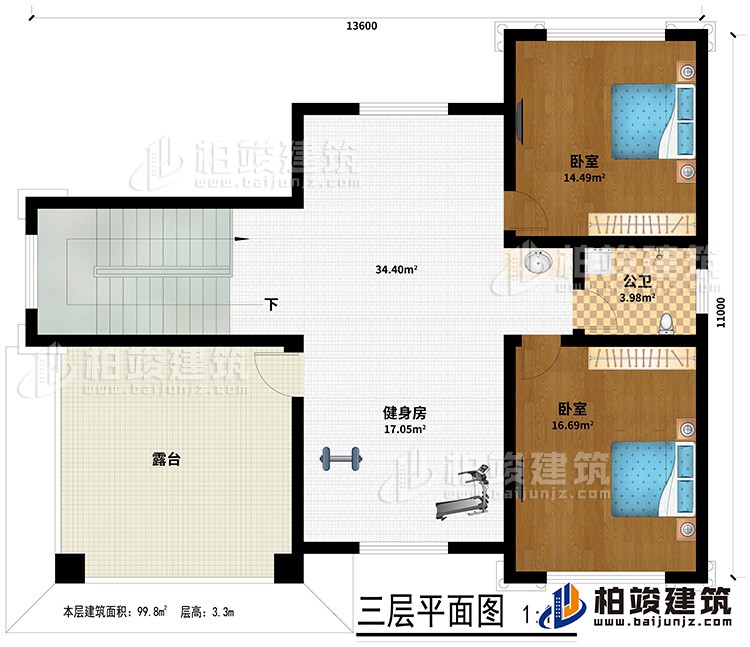 三層：２臥室、公衛(wèi)、健身房、露臺