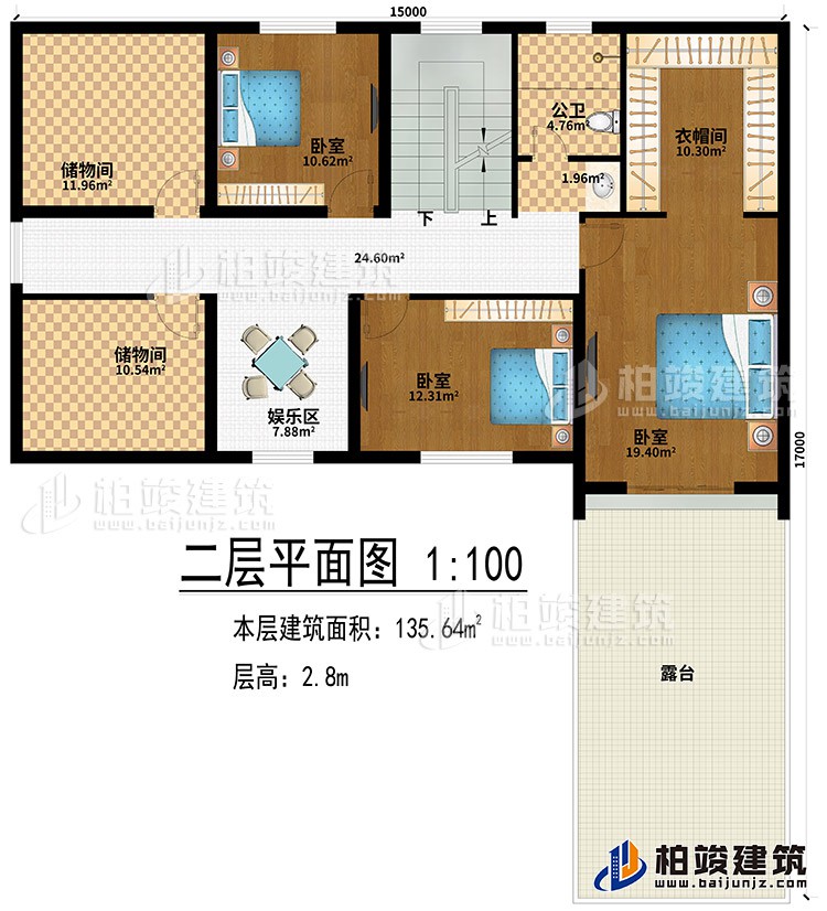 閣樓：娛樂區(qū)、2儲物間、3臥室、衣帽間、露臺