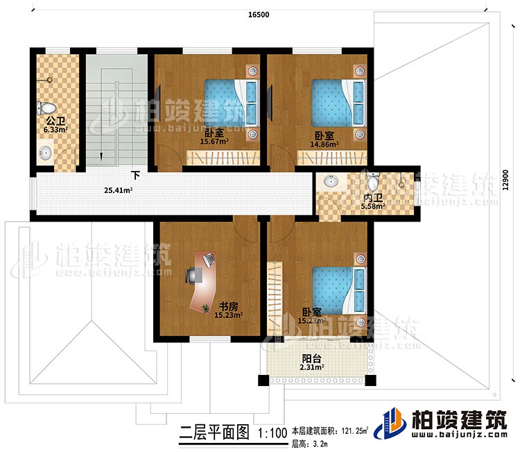 二層：3臥室、書房、公衛(wèi)、內(nèi)衛(wèi)、陽(yáng)臺(tái)