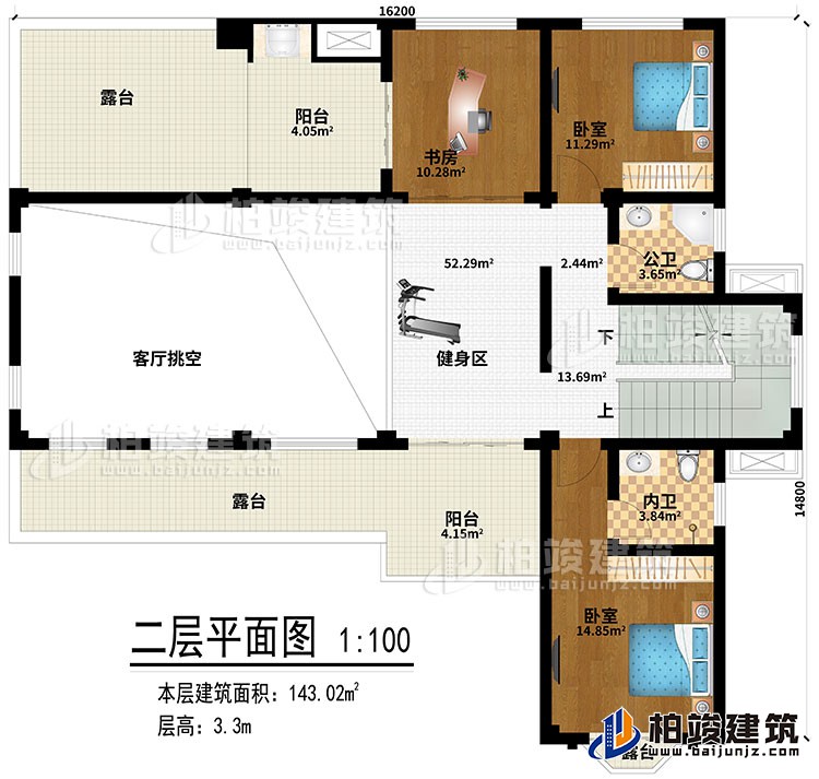 二層：健身區、客廳挑空、書房、2臥室、公衛、內衛、2陽臺、3露臺