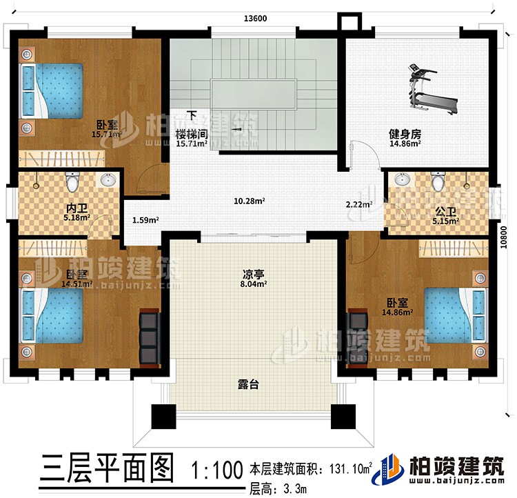 三層：樓梯間、健身房、3臥室、公衛、內衛、涼亭、露臺