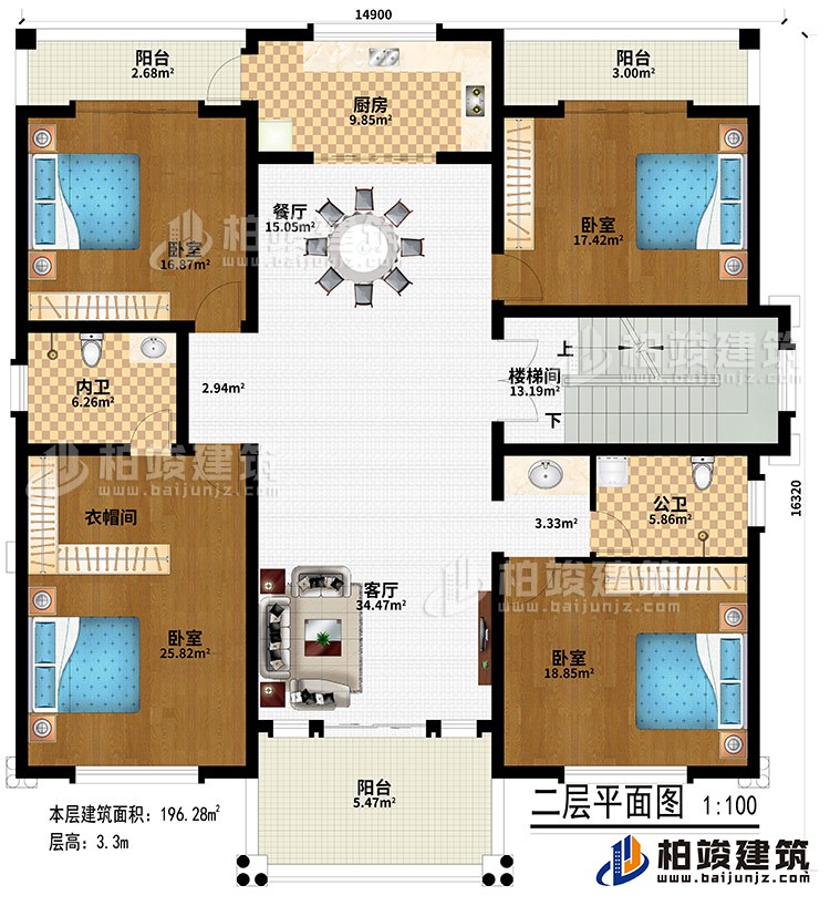 二層：客廳、樓梯間、餐廳、廚房、4臥室、衣帽間、公衛(wèi)、內(nèi)衛(wèi)、3陽臺