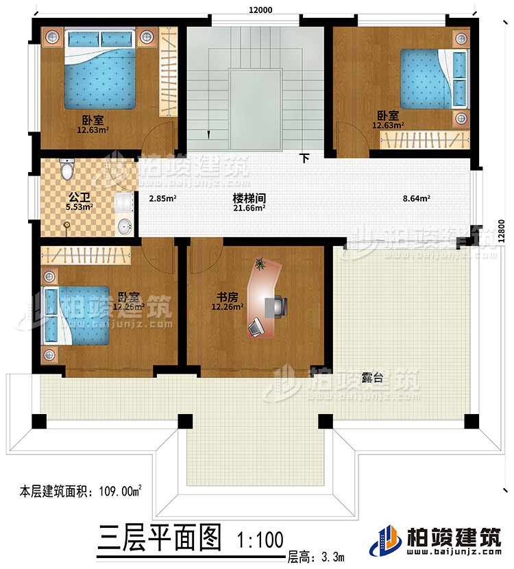 三層：3臥室、樓梯間、書房、公衛(wèi)、露臺(tái)