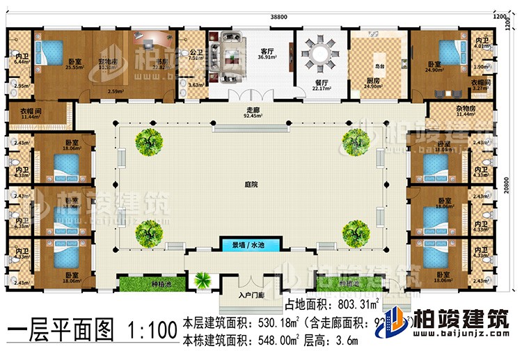 一層：入戶門廊、客廳、餐廳、廚房、8臥室、書房、2衣帽間、寵物間、雜物間、8內衛、公衛、2種植池、景墻/水池、庭院、走廊