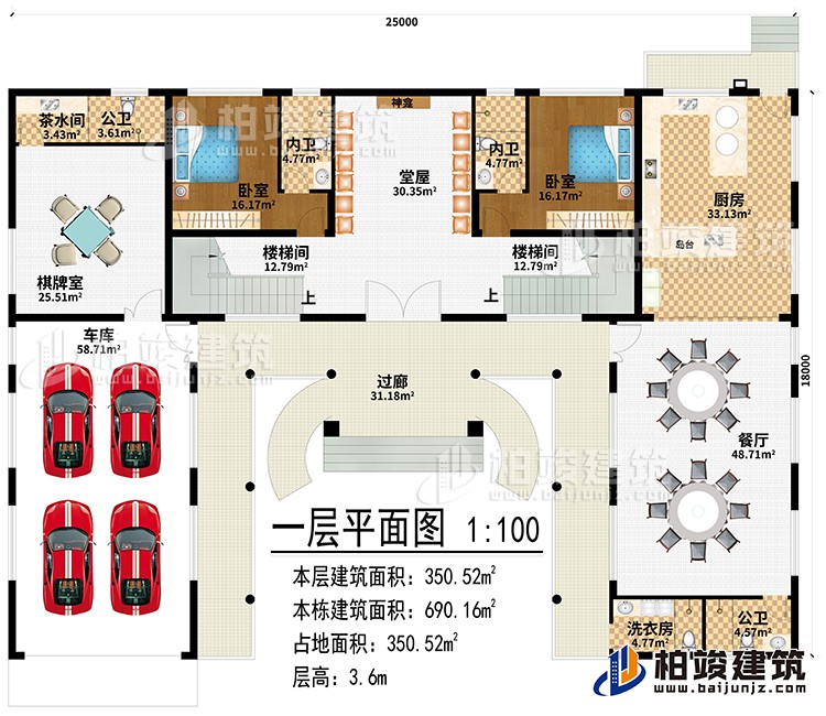 一層：過廊、堂屋、神龕、2樓梯間、廚房、餐廳、棋牌室、車庫、茶水間、2公衛、洗衣房、2臥室、2內衛