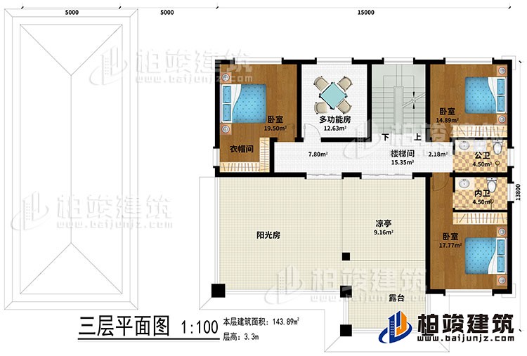 三層：樓梯間、3臥室、多功能房、衣帽間、公衛、內衛、涼亭、陽光房、露臺