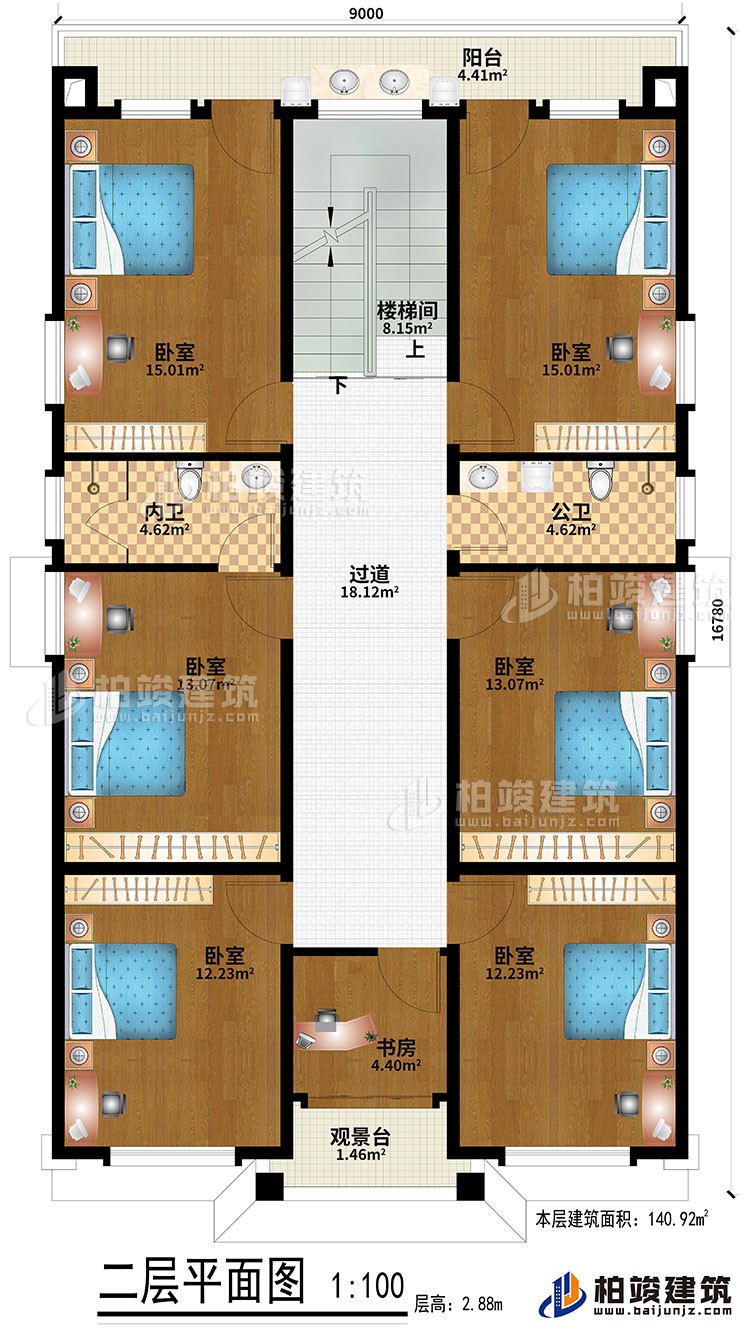 二層：6臥室、過道、樓梯間、書房、觀景臺(tái)、公衛(wèi)、內(nèi)衛(wèi)、陽臺(tái)