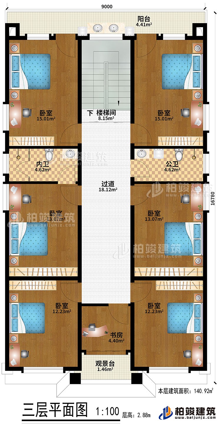 三層：6臥室、過道、樓梯間、書房、觀景臺(tái)、公衛(wèi)、內(nèi)衛(wèi)、陽臺(tái)