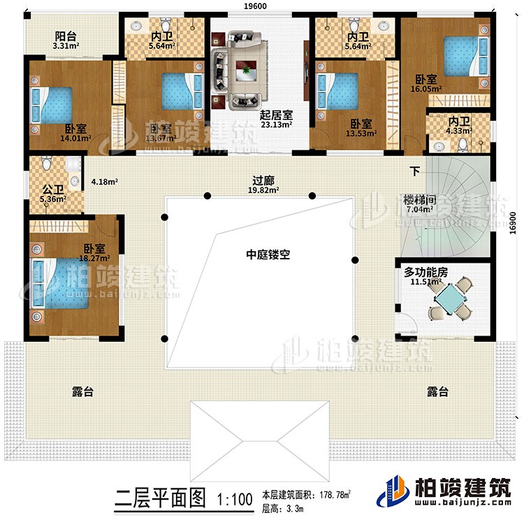 二層：起居室、中庭、過廊、樓梯間、5臥室、公衛(wèi)、3內(nèi)衛(wèi)、2露臺、陽臺、多功能房