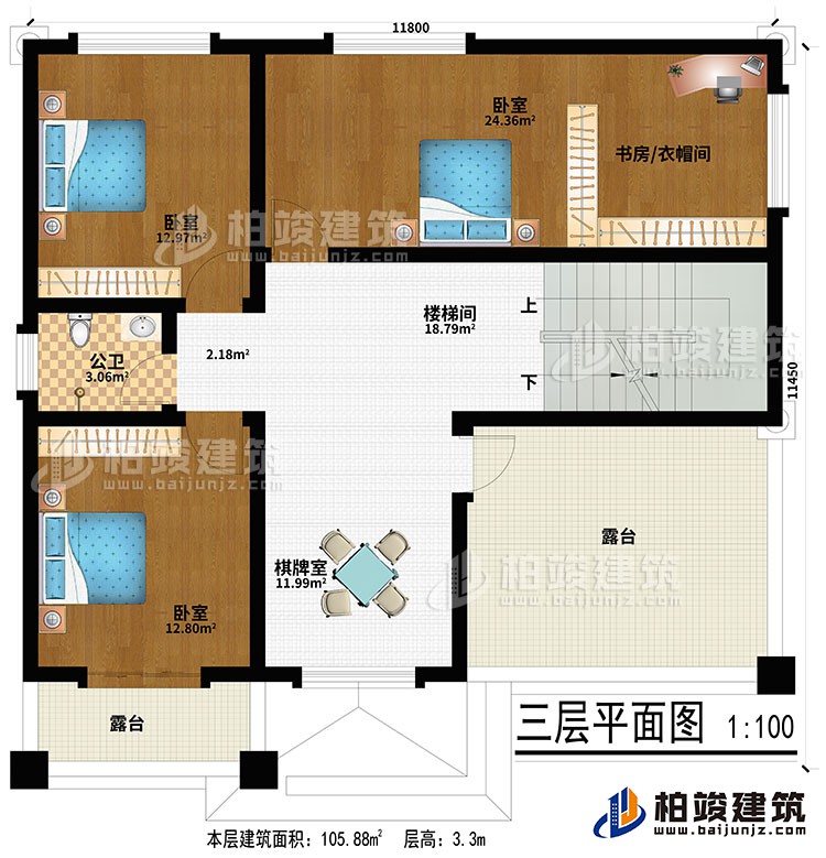 三層：棋牌室、樓梯間、3臥室、書房/衣帽間、公衛、2露臺