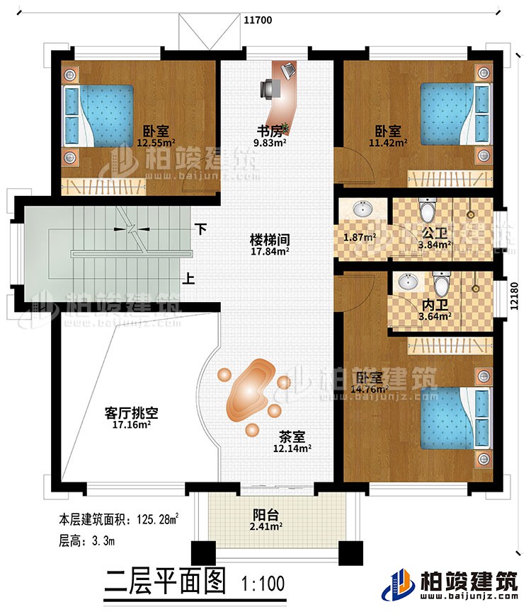 二層：樓梯間、書(shū)房、茶室、客廳挑空、3臥室、公衛(wèi)、內(nèi)衛(wèi)、陽(yáng)臺(tái)