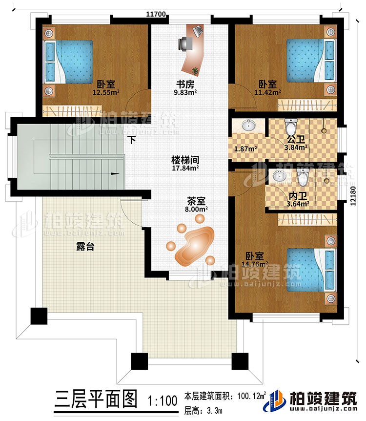三層：樓梯間、書(shū)房、茶室、3臥室、公衛(wèi)、內(nèi)衛(wèi)、露臺(tái)