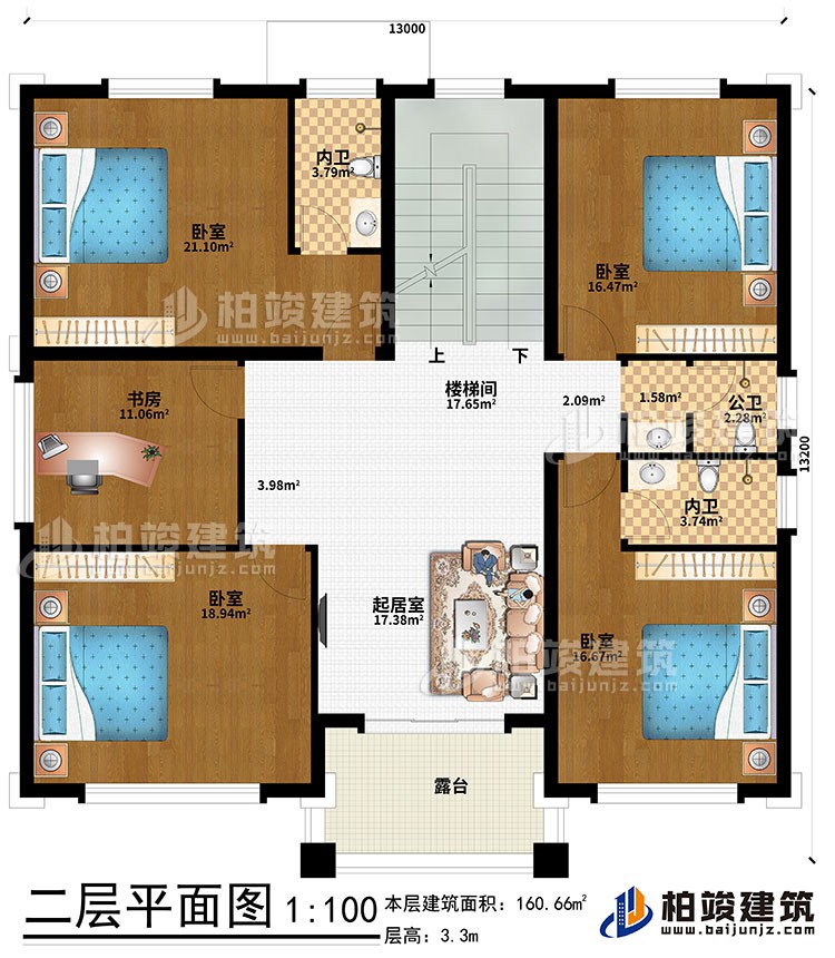 二層：起居室、樓梯間、4臥室、書房、公衛、內衛、露臺