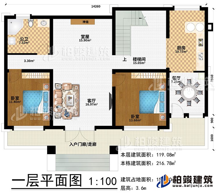 一層：入戶門廊/走廊、客廳、堂屋、神龕、樓梯間、廚房、餐廳、2臥室、公衛(wèi)