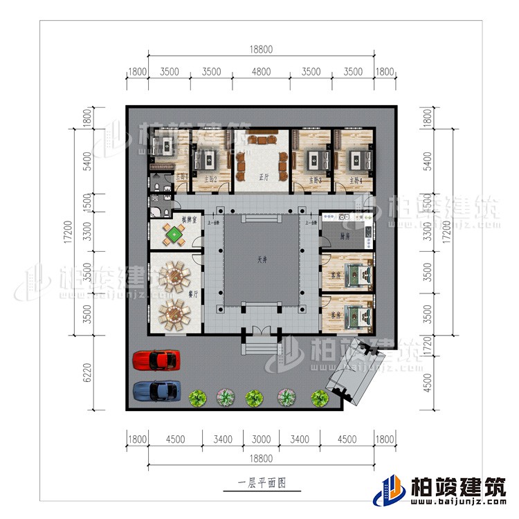 一層：車庫、餐廳、棋牌室、廚房、正廳、6臥室、公衛、內衛