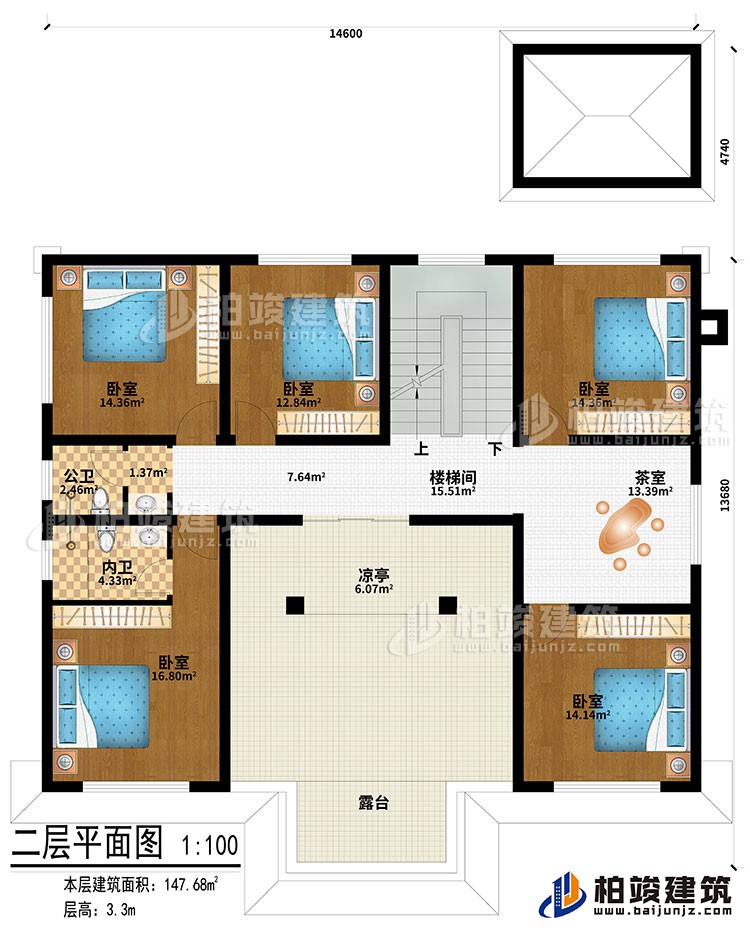二層：樓梯間、茶室、涼亭、5臥室、公衛(wèi)、內(nèi)衛(wèi)、露臺