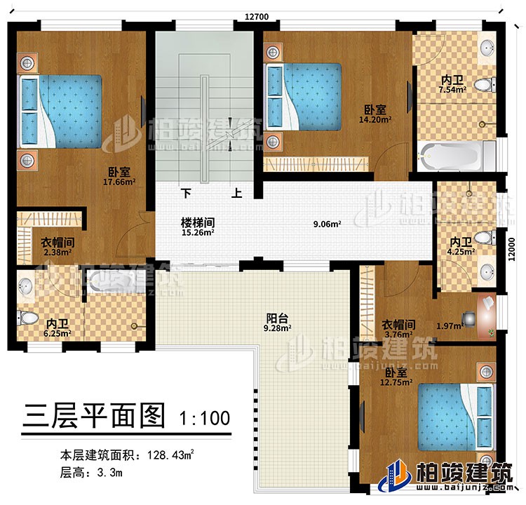 三層：樓梯間、3臥室、2衣帽間、3內(nèi)衛(wèi)、陽(yáng)臺(tái)
