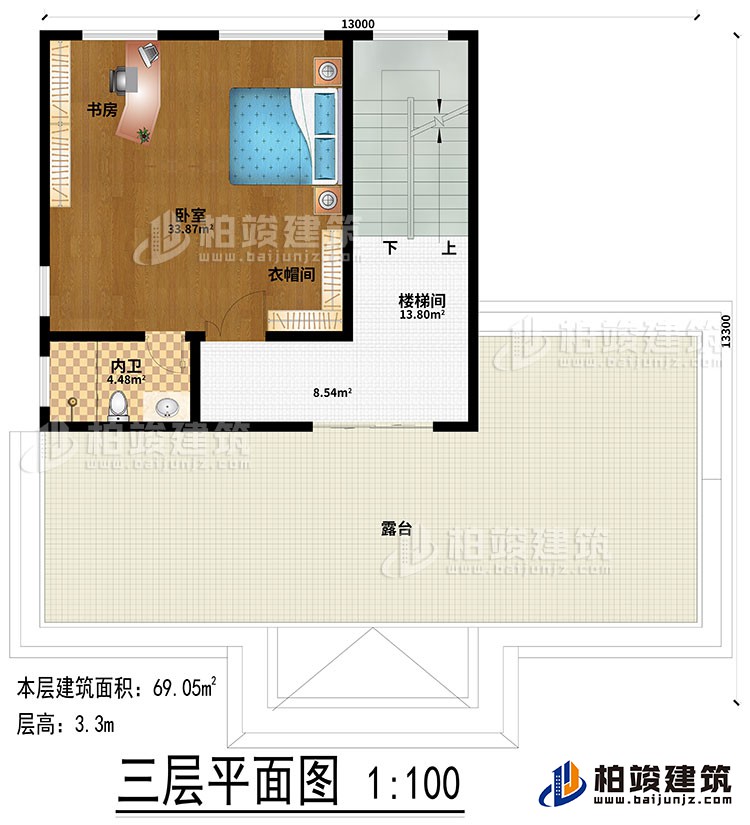 三層：樓梯間、臥室、衣帽間、內衛(wèi)、書房、露臺