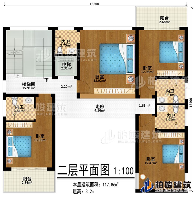 二層：走廊、4臥室、4內(nèi)衛(wèi)、2陽臺、樓梯間、電梯