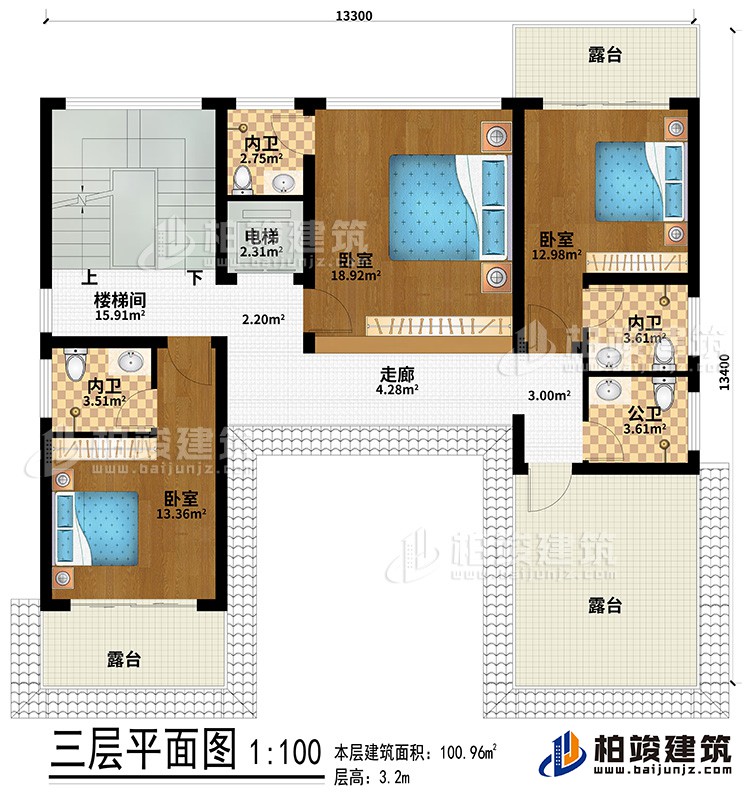 三層：走廊、3臥室、3內(nèi)衛(wèi)、3露臺、樓梯間、電梯、公衛(wèi)