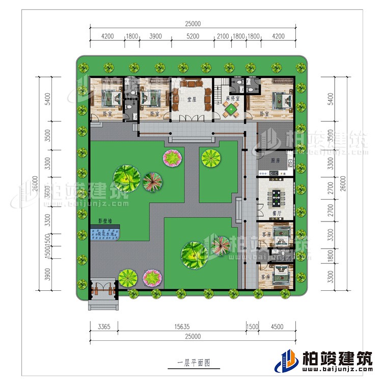 一層：影壁墻、花園、堂屋、廚房、餐廳、5臥室、2公衛、2內衛、麻將室