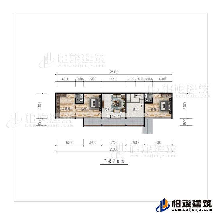 二層：過廳、客廳、衣帽間、2臥室