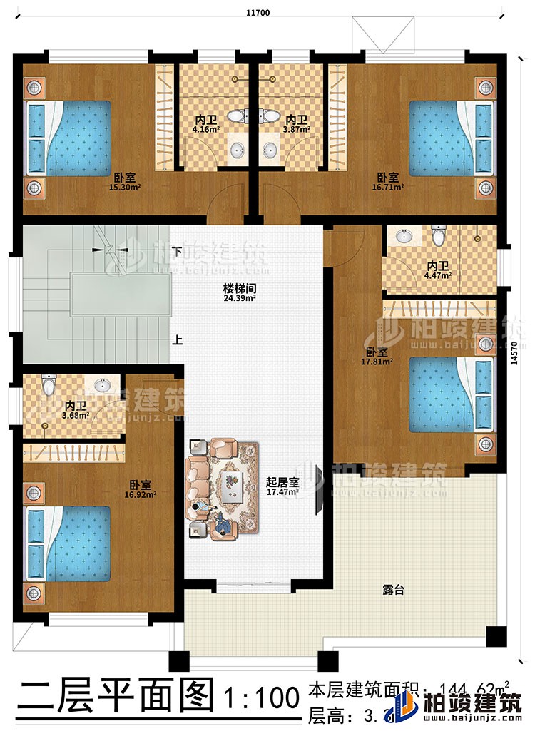 二層：起居室、樓梯間、4臥室、4內(nèi)衛(wèi)、露臺(tái)
