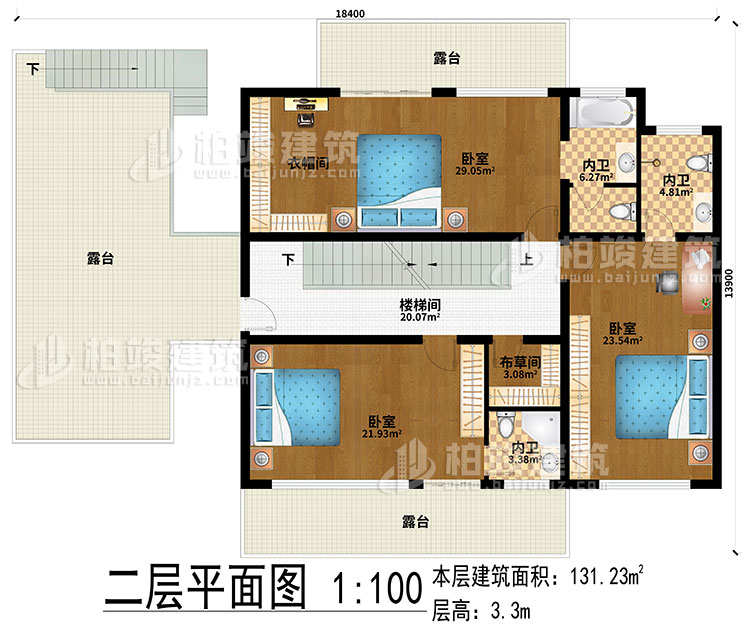 二層：樓梯間、3臥室、衣帽間、布草間、3內(nèi)衛(wèi)、3露臺(tái)