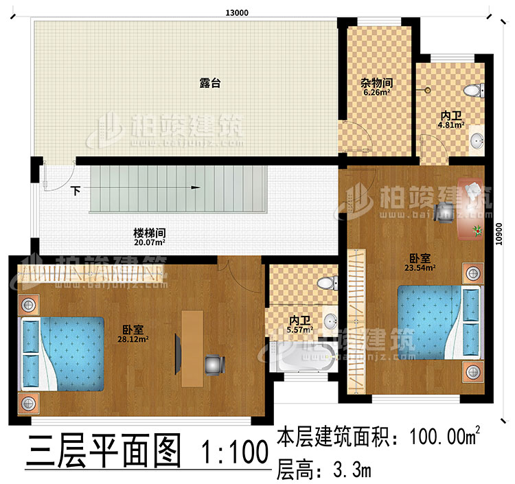 三層：2臥室、樓梯間、露臺(tái)、2內(nèi)衛(wèi)、雜物間