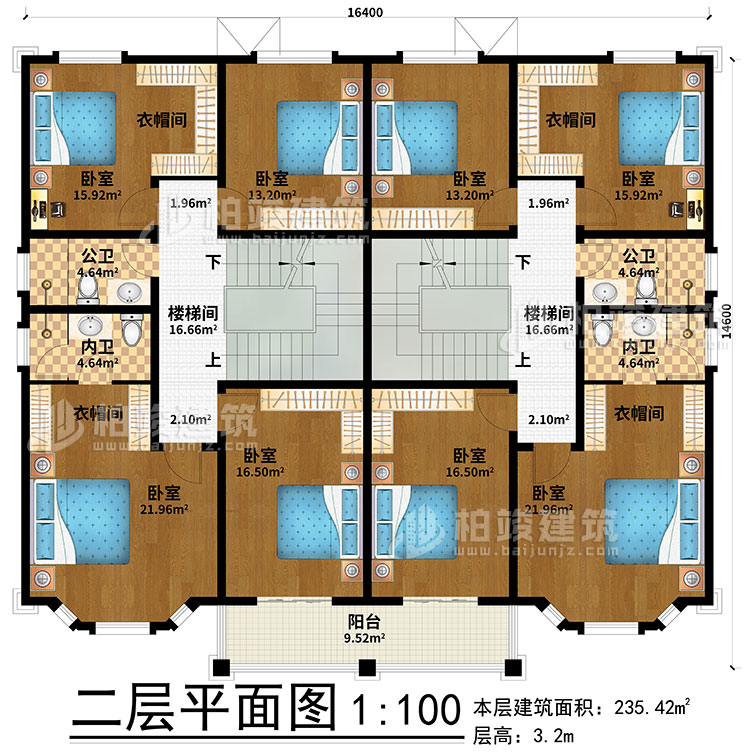 二層：2樓梯間、8臥室、4衣帽間、2公衛(wèi)、2內(nèi)衛(wèi)、陽(yáng)臺(tái)